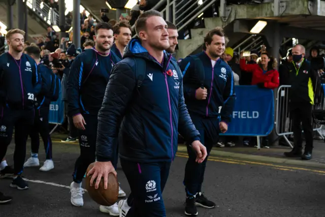 Scotland captain Stuart Hogg leads the team on arrival at Murrayfield