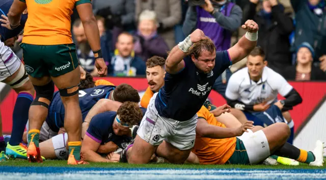 Pierre Schoeman celebrates Hamish Watson's first half try