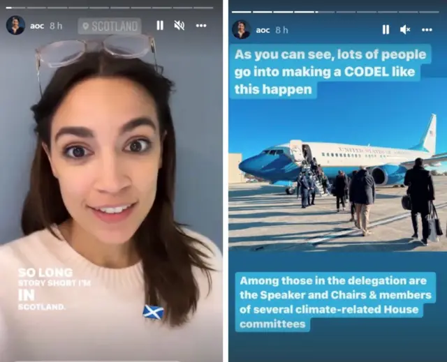 Screenshot showing AOC speak about arriving in Scotland, along with images of people boarding a flight