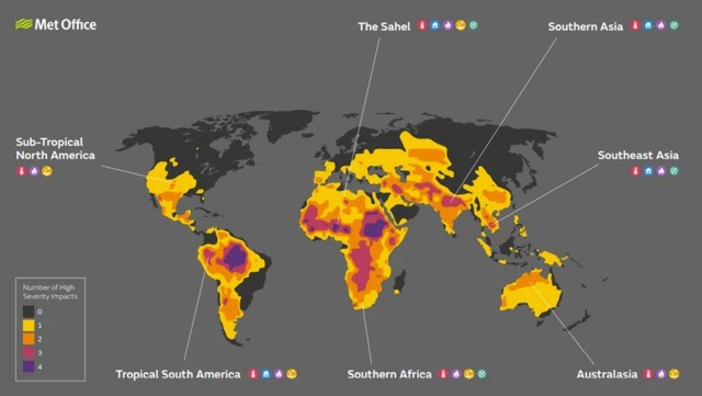 This map shows regions where multiple severe impacts may occur at similar times at 4.0°C of global warming above pre-industrial levels