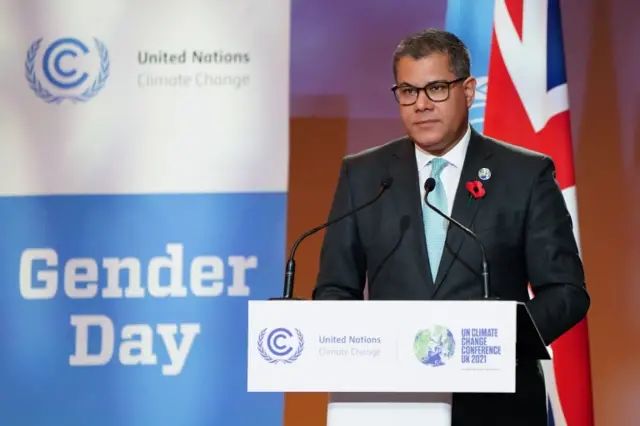 Alok Sharma, speaks on stage during the Cop26 summit at the Scottish Event Campus (SEC) in Glasgow