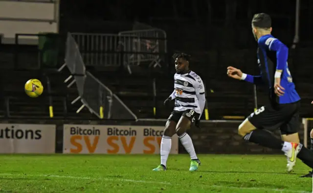 Ayr United's Tomi Adeloye sees his shot crash off the bar