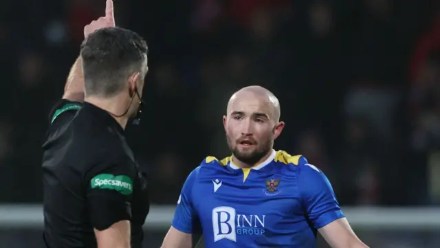 St Johnstone's Chris Kane is spoken to by the referee