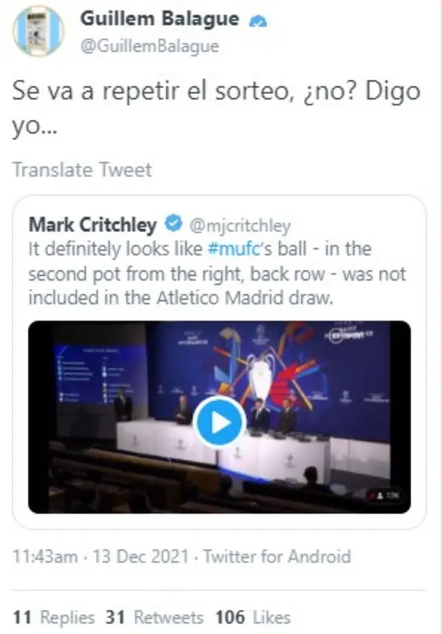 Tweet on Champions League draw