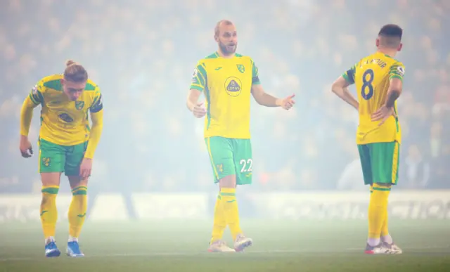 Norwich City players against Aston Villa