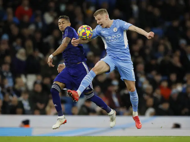 Leeds United's Raphinha in action with Manchester City's Oleksandr Zinchenko