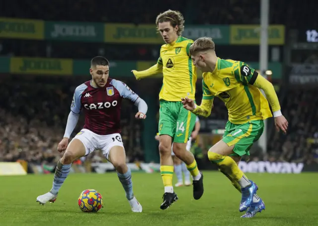 Norwich City's Brandon Williams and Todd Cantwell in action with Aston Villa's Emiliano Buendia