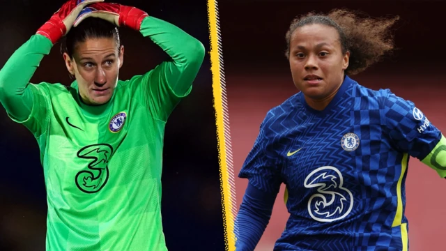 Split picture of Chelsea goalkeeper Ann-Katrin Berger and midfielder Drew Spence