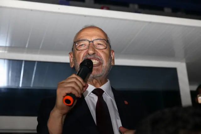 Rached Ghannouchi, leader of Tunisias Islamist Ennahda party gives a speech to Ennahda supporters as they rallied outside the headquarters of the party, to celebrate victory in Tunisia's legislative election claimed after an exit poll by Sigma Conseil broadcasted by state television, in Tunis, Tunisia October 6, 2019