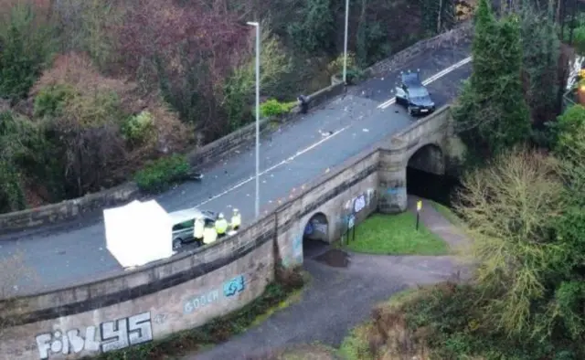 Crash scene on a bridge over the Leeds & Liverpool Canal, in Bramley