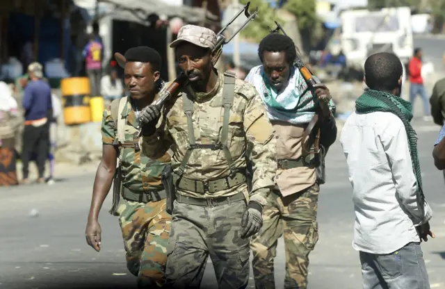 Ethiopian security forces patrol at street after Ethiopian army took control of Hayk town of Amhara city from the rebel Tigray People's Liberation Front (TPLF) in Ethiopia on December 16, 2021.