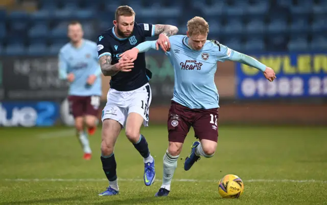 Hearts' Gary Mackay-Steven (right) and Dundee's Christie Elliott