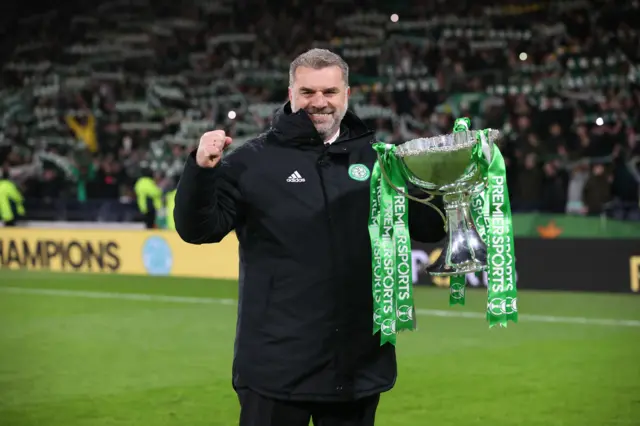 Ange Postecoglou with his fist piece of silverware in Scotland