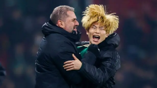 Ange Postecoglou celebrates with Kyogo Furuhashi