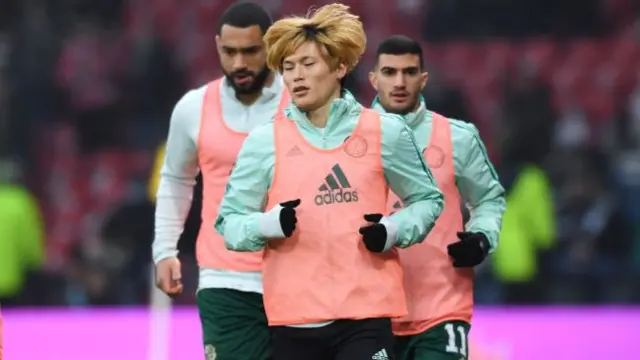 Celtic's Kyogo Furuhashi warms up