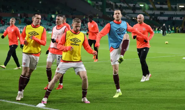 Hearts players warming up on a chilly night at Celtic Park