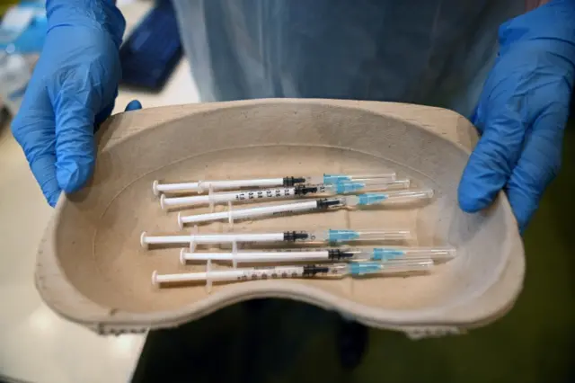 Vaccines in a tray at centre in London