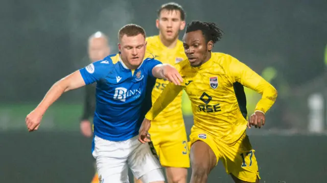 St Johnstone's James Brown [left] battles with Ross County's Regan Charles-Cook [right]