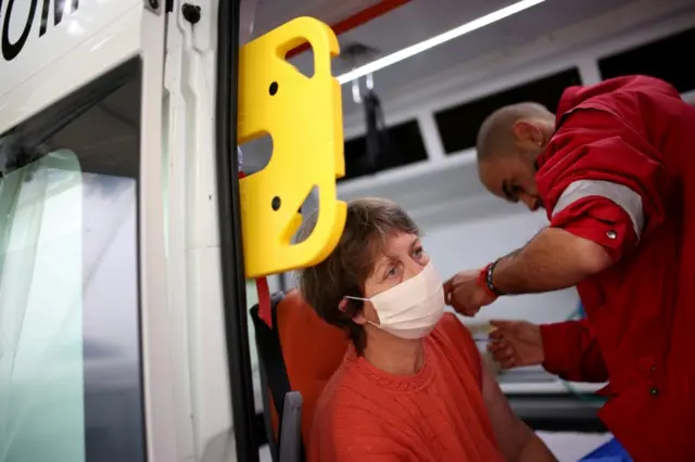 A woman in Bulgaria is vaccinated