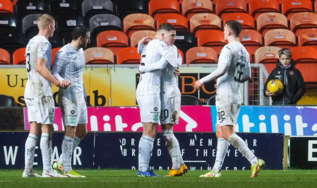 Kevin Nisbet knocked in the opening goal for Hibs at Tannadice