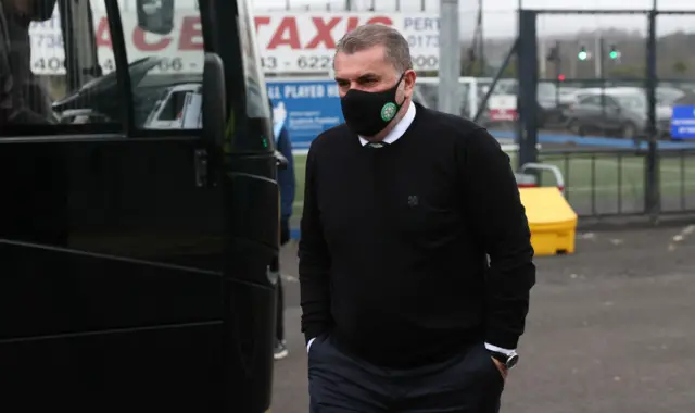 Ange Postecoglou arriving at McDiarmid Park earlier on