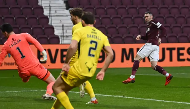 Hearts Michael Smith (right) puts Hearts 1-0 up after four minutes