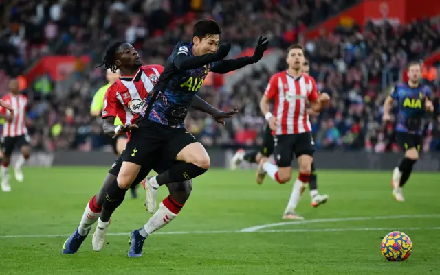 Son Heung-min is fouled by Mohammed Salisu.
