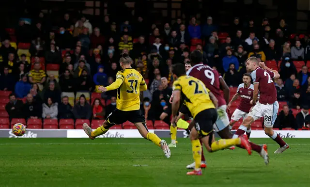 Tomas Soucek scores for West Ham.
