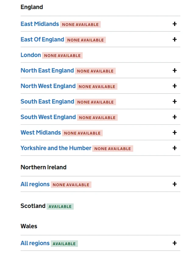 Screenshot of NHS website showing no PCR tests available in England