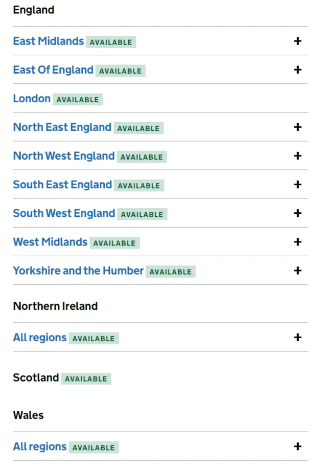 NHS website showing PCR tests available