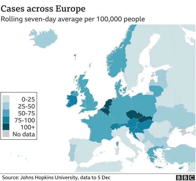 Infograph showing rising seven-day average Covid cases per 100,000 people in Europe