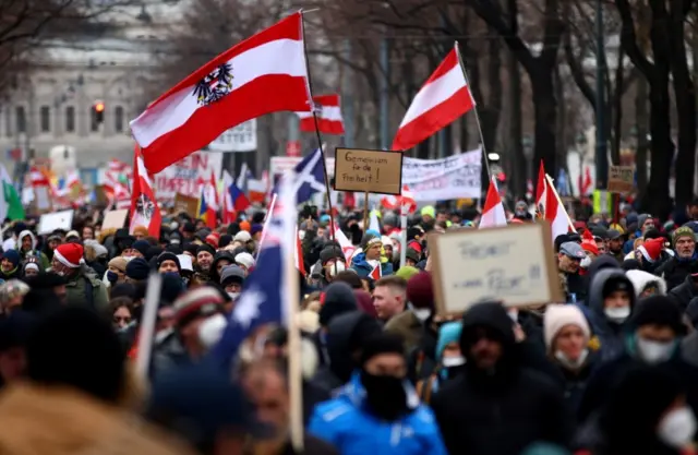 People protest against mandatory vaccinations plans in Vienna, Austria. Photo: December 2021