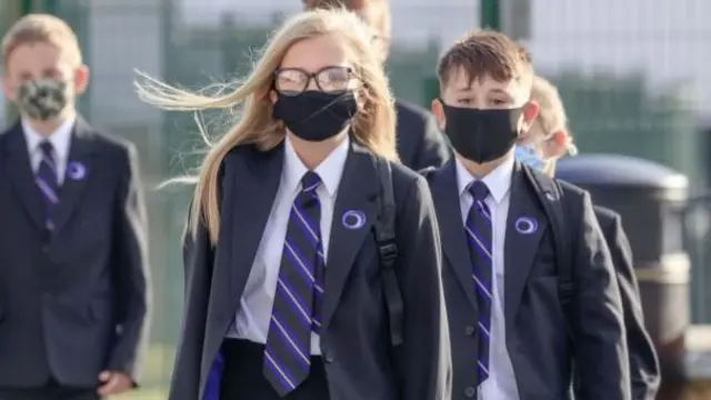 Pupils wear protective face masks at Outwood Academy Adwick in Doncaster.