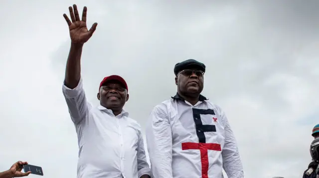 Felix Tshisekedi (R)  and his running mate Vital Kamerhe during a campaign in 2018