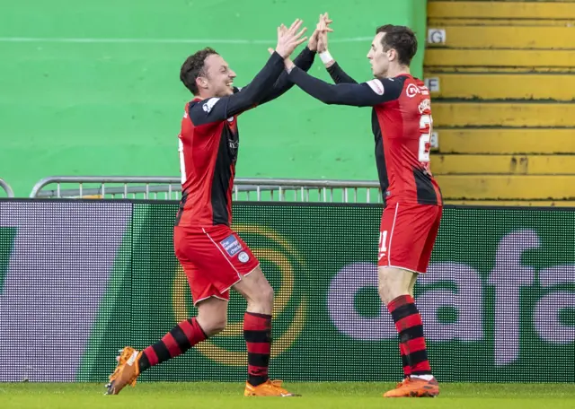 Kristian Dennis and Joe Shaughnessy celebrate at Celtic Park