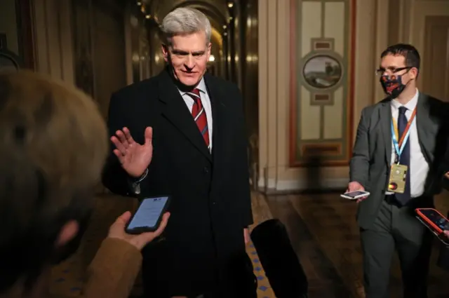 US Republican Senator Bill Cassidy (C) talks with reporters as he leaves the Capitol after the first day of former US President Donald Trump"s second impeachment trial, in Washington, DC, USA, 09 February 2021