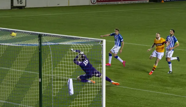 Allan Campbell (second right) watches the ball hit the bar and go in for the only goal of the game