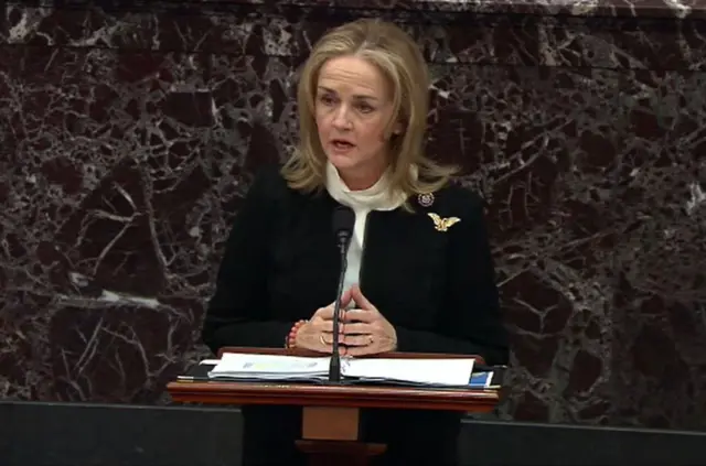 In this screenshot taken from a congress.gov webcast, Impeachment Manager Rep. Madeleine Dean (D-PA) speaks on the second day of former President Donald Trump's second impeachment trial