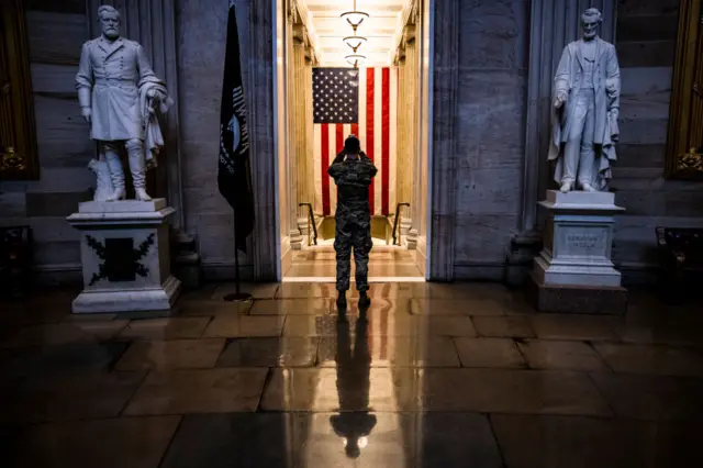 A New York National Guard soldier in the Rotunda of the US Capitol on February 11, 2021