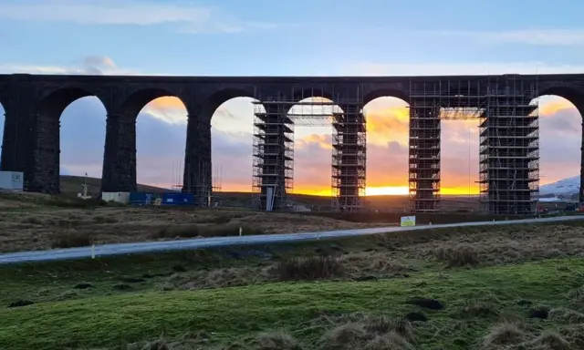 Scaffolding around Ribblehead Viaduct