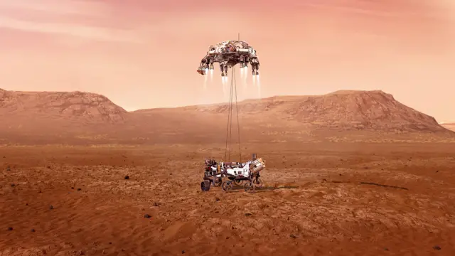 Artwork shows the "skycrane" manoeuvre that will land the rover on Mars