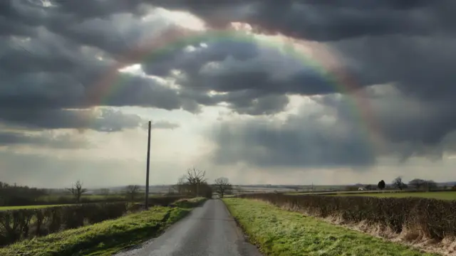 A rainbow over a road in Melton Mowbray