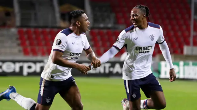 Alfredo Morelos and Joe Aribo celebrate Rangers' opener