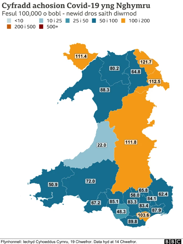 Map of Covid cases per 100,000