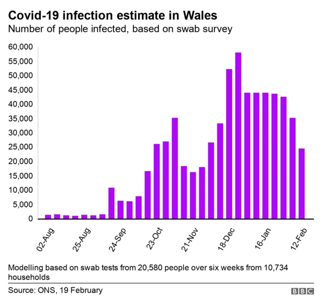 Infections are continuing to fall in Wales, according to the most recent Office for National Statistics (ONS) infection survey. It took throat and nose swab tests from hundreds of households in Wales. From the results, it can estimate that 24,600 people in Wales had Covid-19 in the week to 12 February, a decrease on the previous survey a week ago. This is one in 125 people - down from one in 85 people, or 0.81%, down from 1.16% of the population. The survey is seen as a useful way of looking at the pandemic's progress because although numbers are limited, it picks up people who are asymptomatic.  When broken down into health board areas, the household survey results led to infection estimates ranging from one in 125 people in Aneurin Bevan to one in 185 in Swansea Bay. But these are based on much smaller sample sizes. The modelling was based on swab tests from 20,580 people over six weeks from 10,734 households.  In Wales, ONS said there were early signs the percentage of people testing positive compatible with the new UK variant is no longer decreasing - but again numbers have to be treated with caution