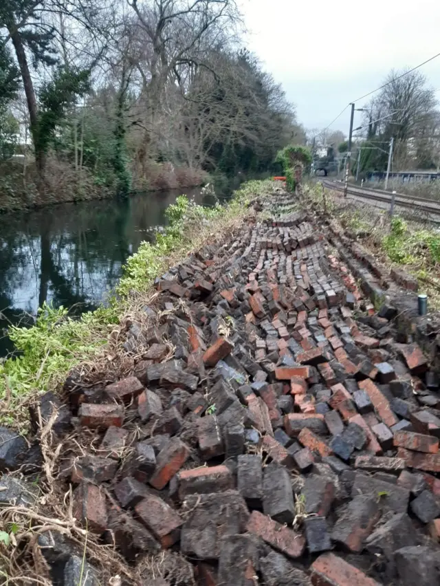 Collapsed wall along the canal in Birmingham