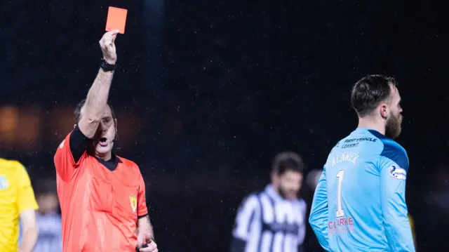 St Mirren keeper Jak Alnwick is shown red card