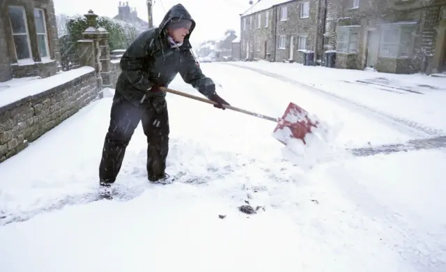 Woman clears path of snow