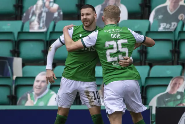 Martin Boyle (left) celebrates the opening goal for Hibernian