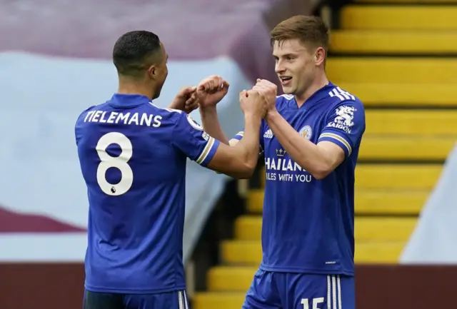 Harvey Barnes celebrates with Youri Tielemans